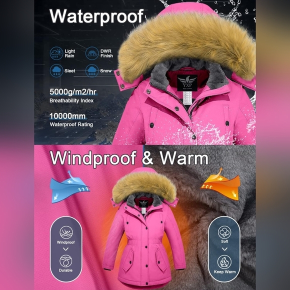 YXP Girls Winter Coat Pink Elastic Waist Warm Fleece Lined Work Removable Hood - Picture 10 of 12